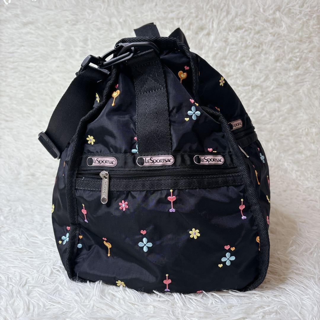 美品✨LeSportsac ボストンバッグ 花柄 刺繍 レスポ ポーチ ブラック