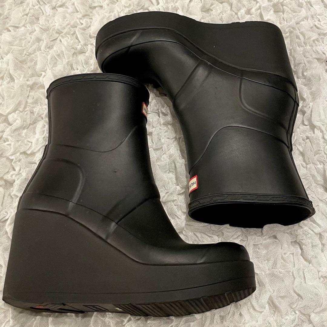 訳あり大特価‼️HUNTER ブラック ウェッジソール レインブーツ