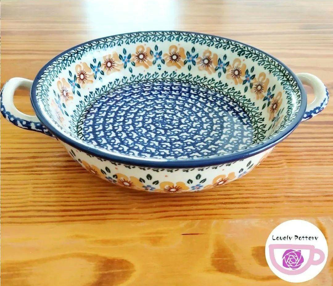 新品　ポーランド食器　取っ手付きボウル　73　レトロな黄色のお花　中　ツェラミカ