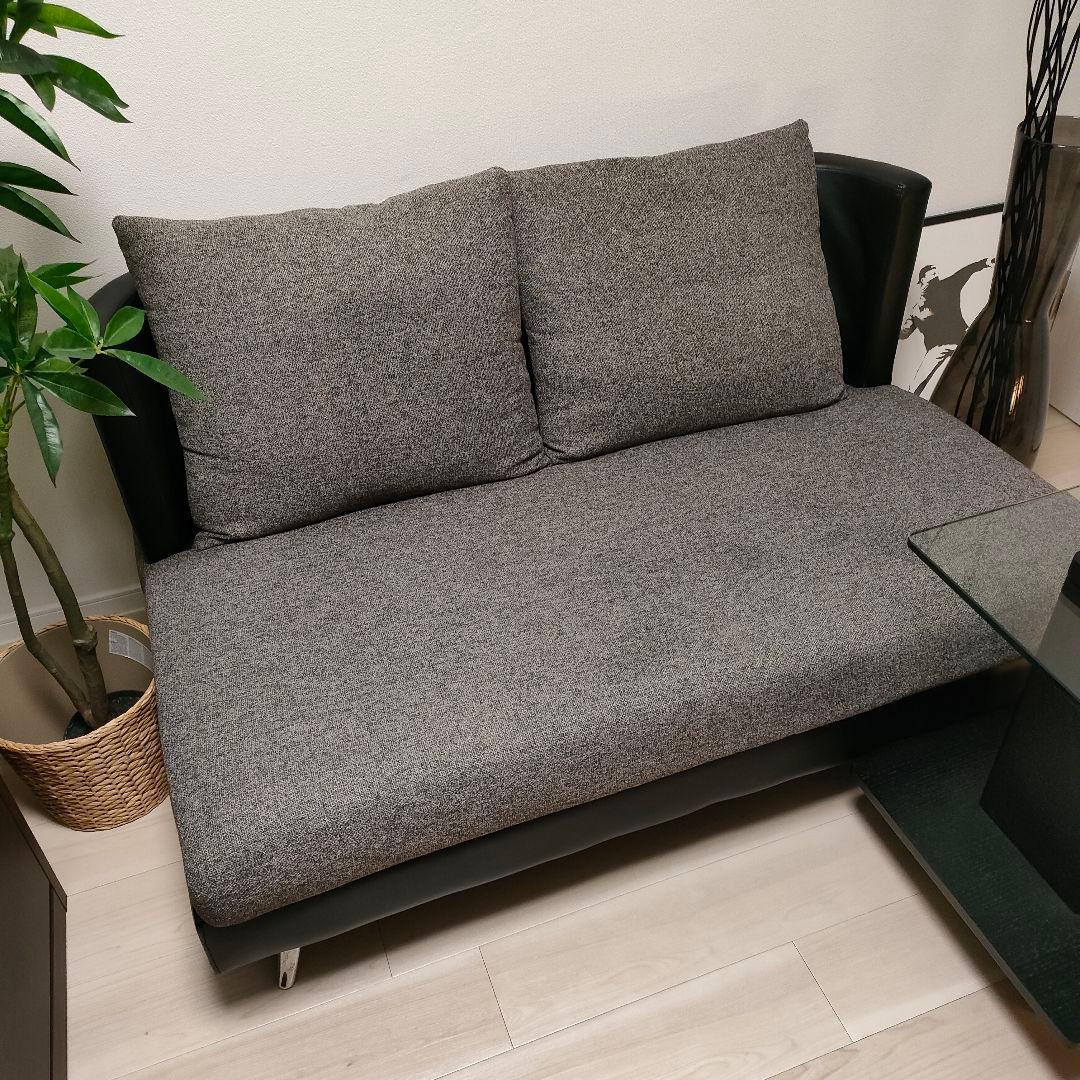 上質モダン 2人掛けソファ グレー×ブラックレザー調