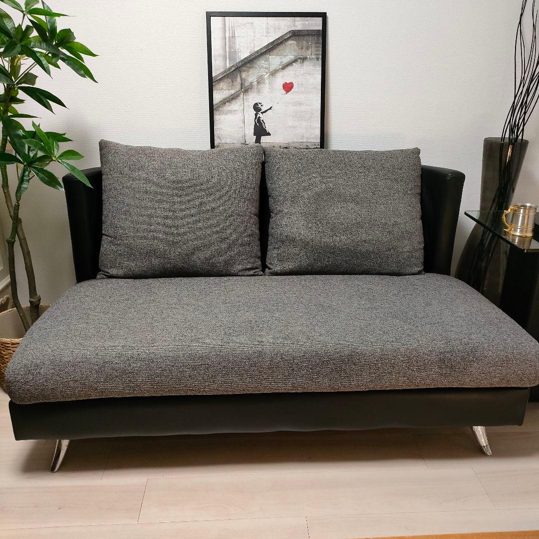 上質モダン 2人掛けソファ グレー×ブラックレザー調