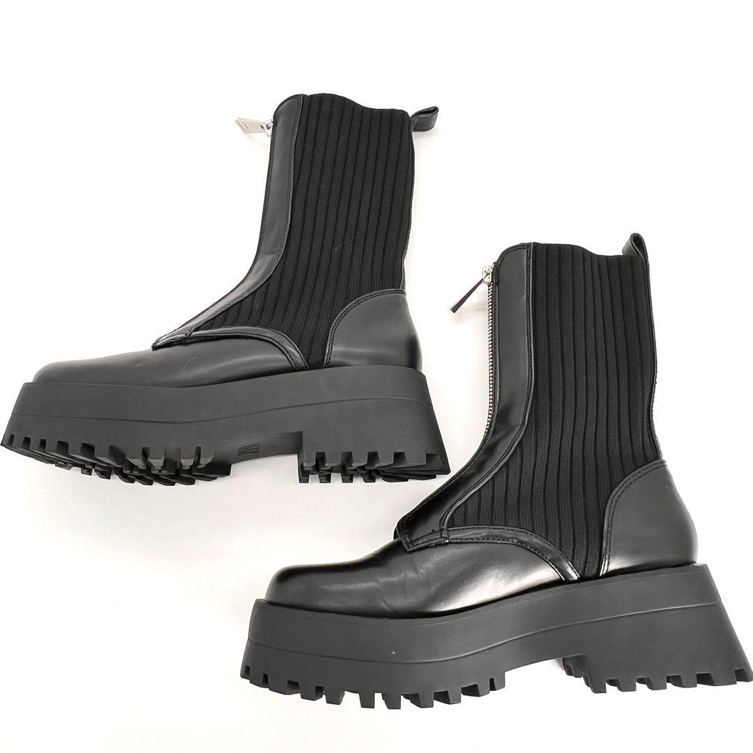 【美品】ZARA ザラ 厚底 ソックスブーツ フロントジップ トラックソール