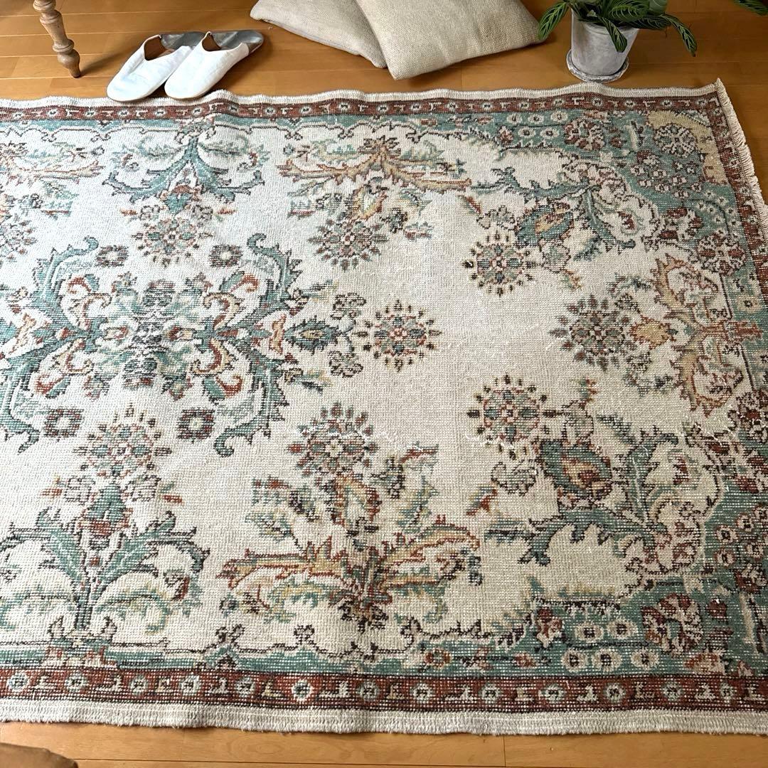 117×214 エメラルドグリーン　メダリオンボタニカル　トルコヴィンテージラグ