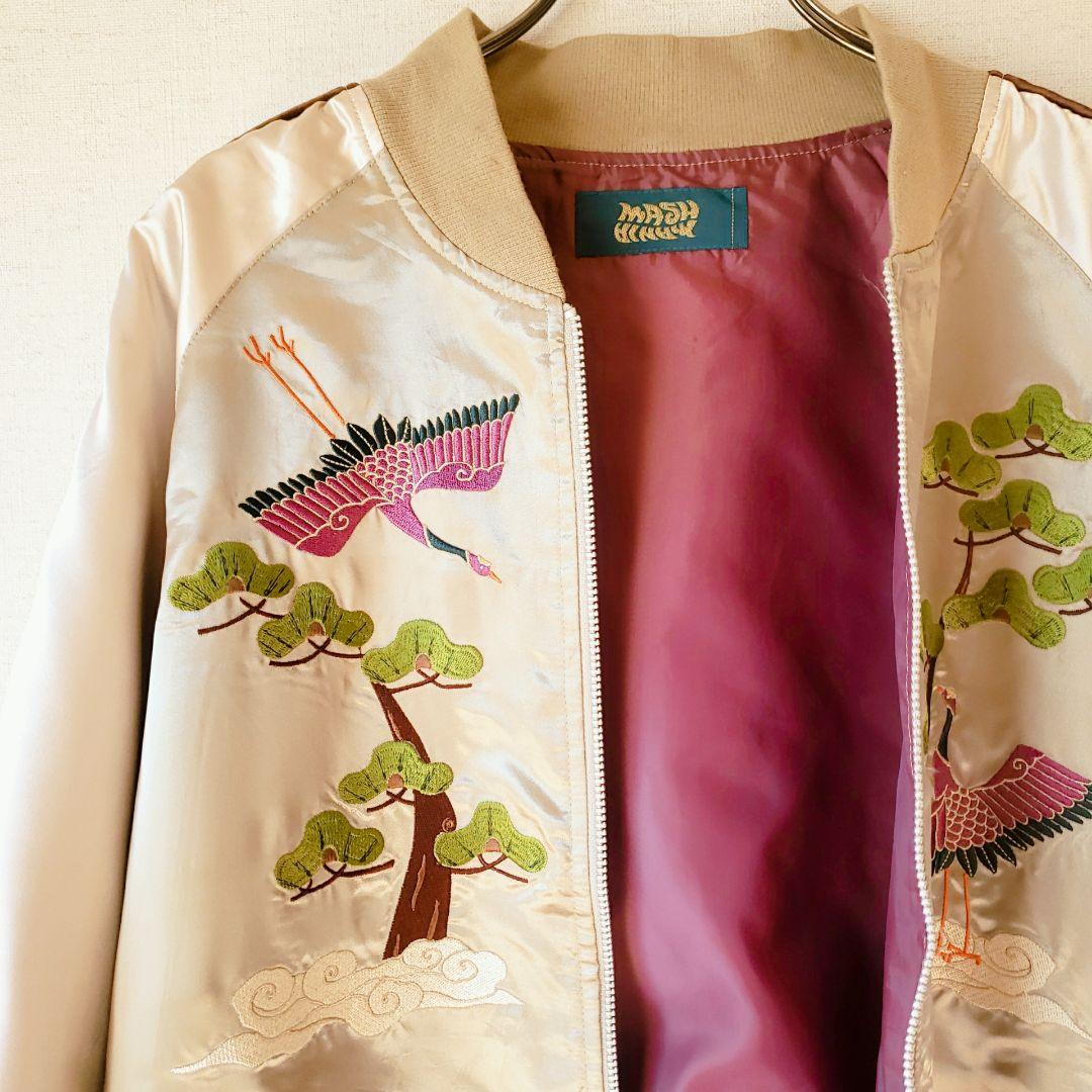 ★未着用★ マッシュマニア スカジャン ゴールド サテン 鶴 松 刺繍
