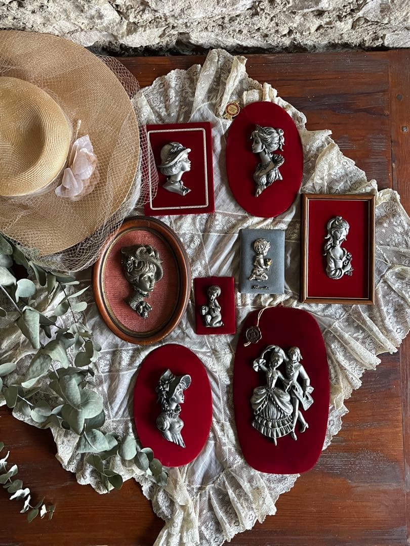 ◆フランスアンティーク｜手彫りピューター製F額壁掛け女性像、手作り雑貨置物レトロ