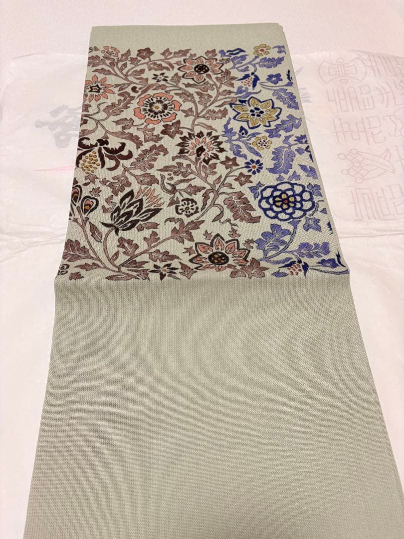 名古屋帯 開き仕立 花柄 薄いグリーン系