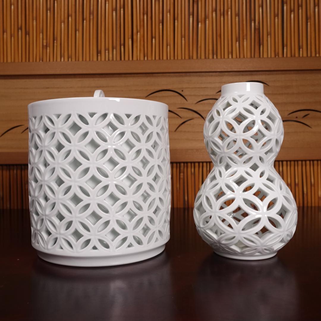 13代 横石嘉助 白磁七宝透 皆具 共箱 茶道具 平戸焼