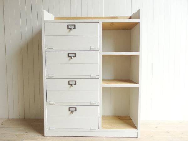 サイズデザインオーダー可！４枚バッタン扉キャビネット●シャビーホワイト受注製作