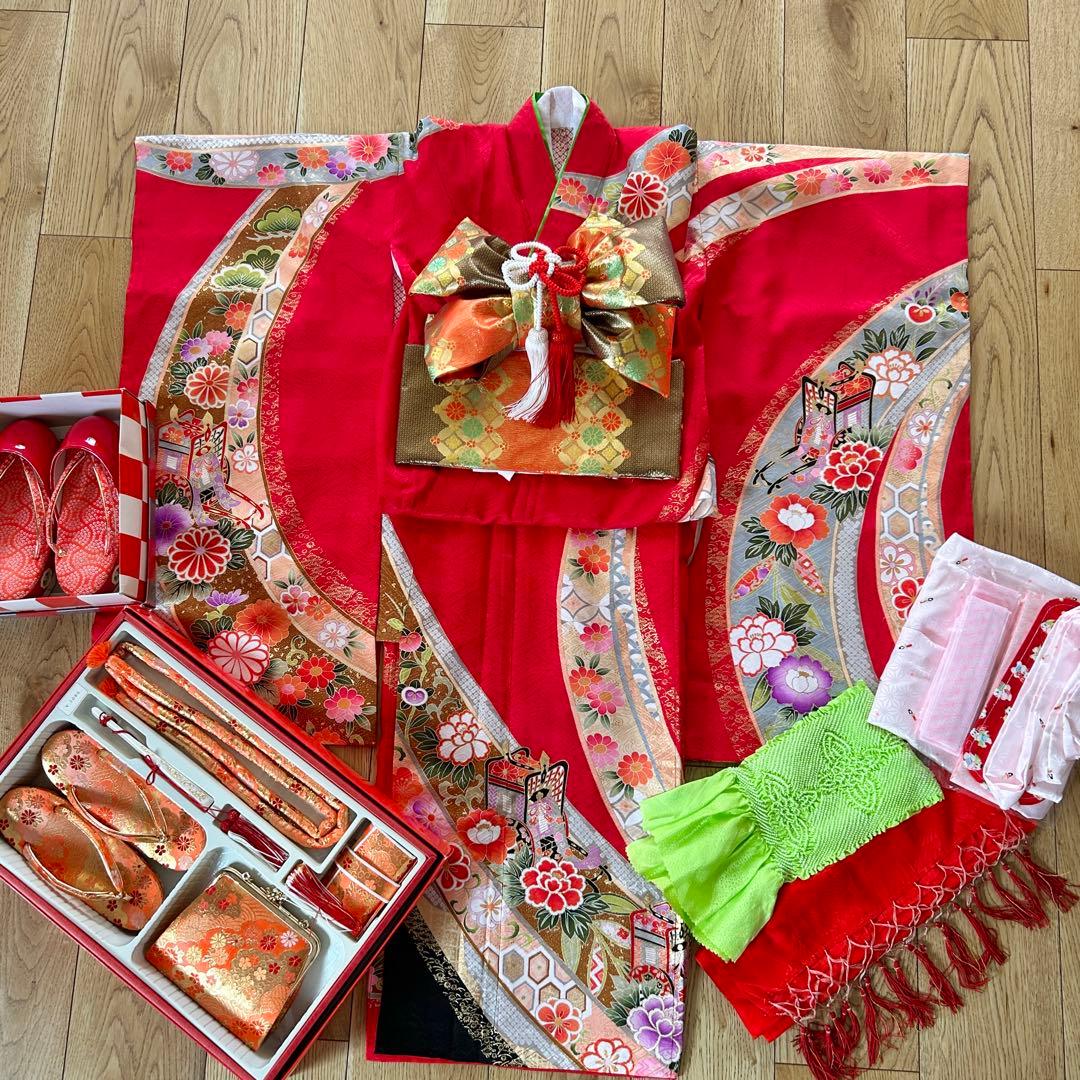 正絹　七五三 女の子7歳着物・帯セット　赤　レトロ　アンティーク