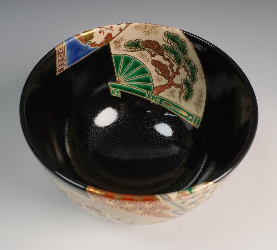 八世 高橋道八 黒釉扇面之図茶碗 共箱 茶道具