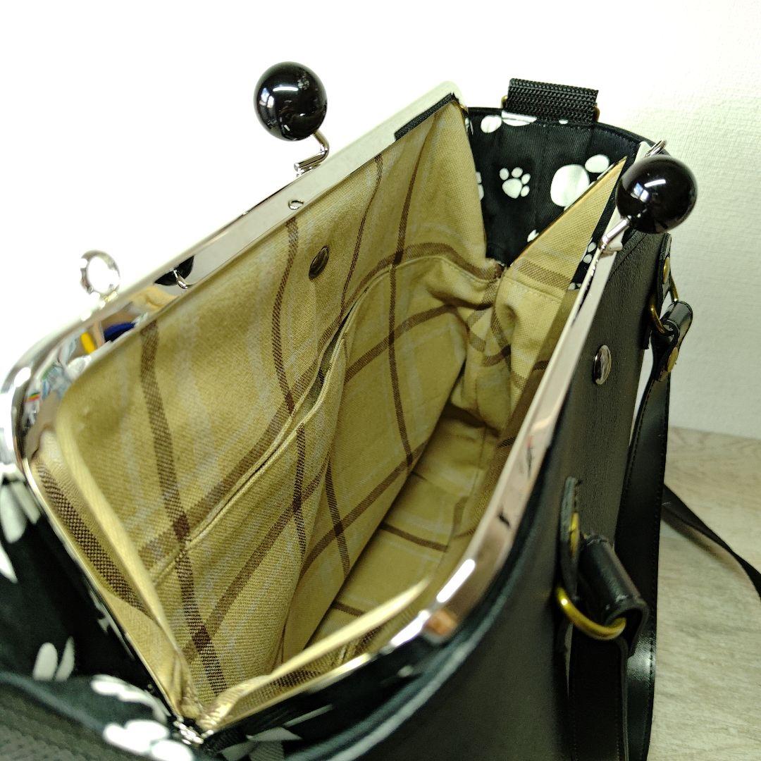 【のっちぃ様】がま口トートバッグ　トートショルダー　黒レザー　ハンドメイド