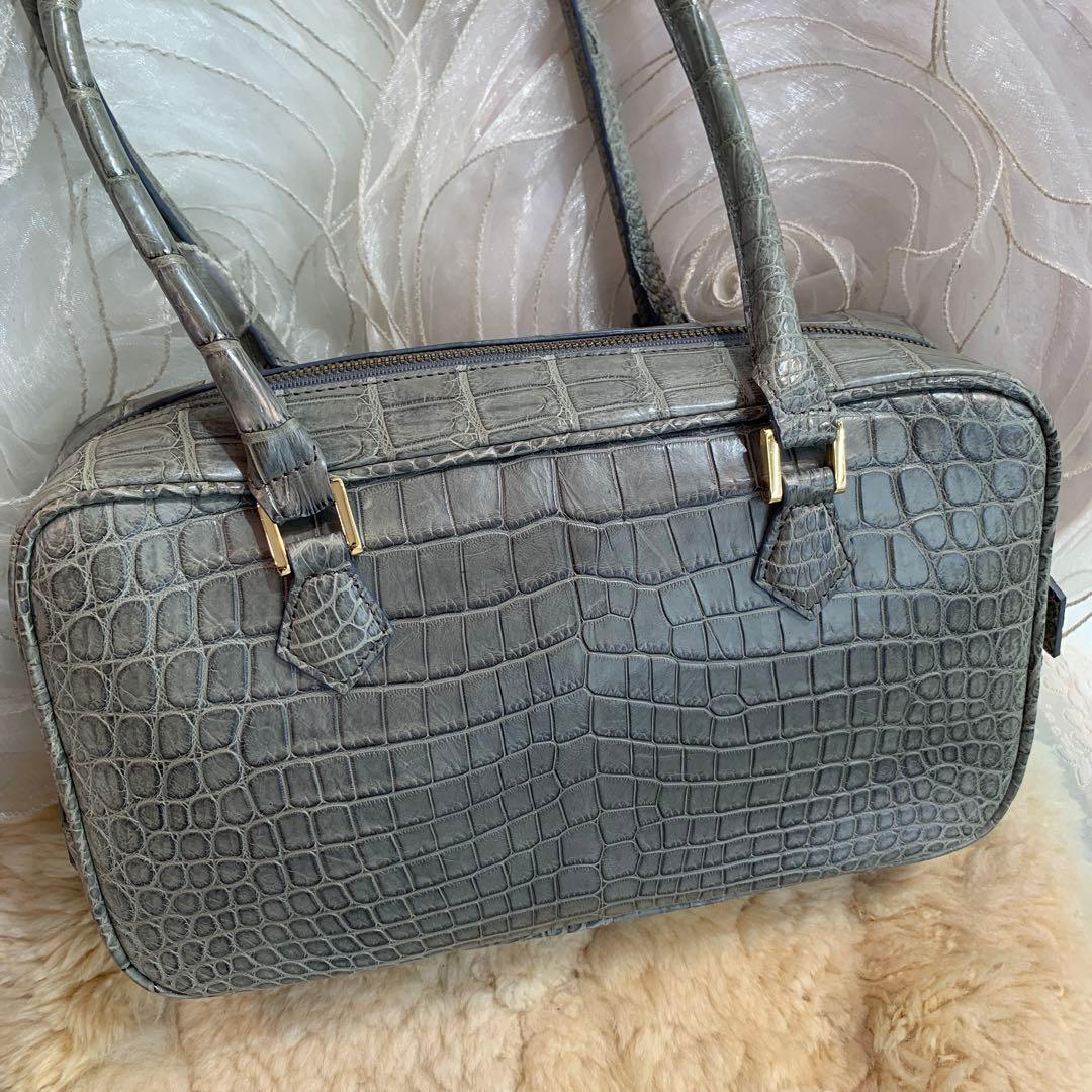 ☆新品同様☆JRA認定 クロコダイル ハンドバッグ スクエア型 グレー