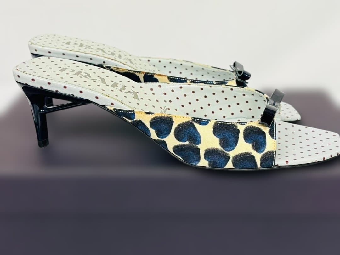 ◆未使用 PRADA プラダ ハート×ドット柄 リボン ミュール