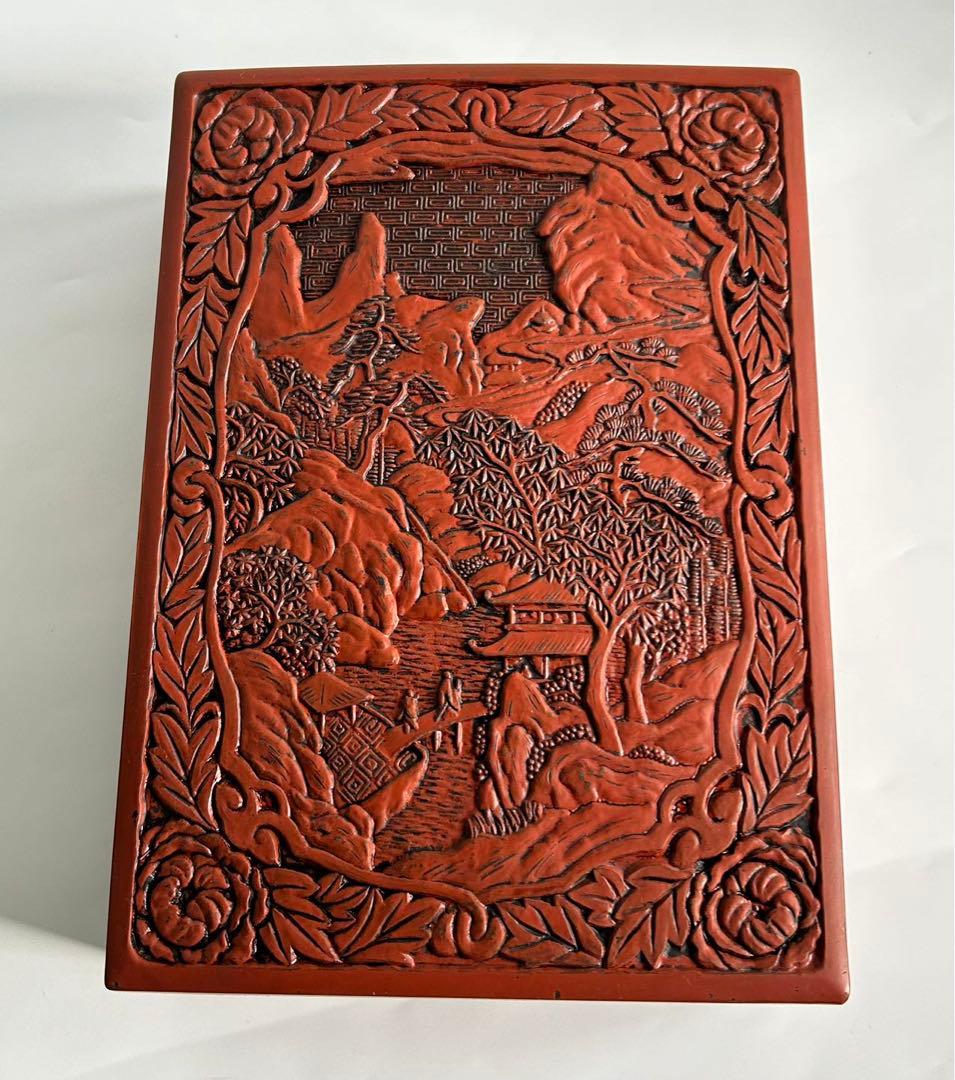 堆朱 楼閣山水図 硯箱 文箱 書道具 文房具