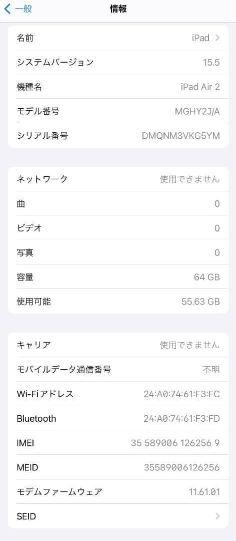 iPad Air 2 Wi-Fi+Cellular 64GB SIMフリー