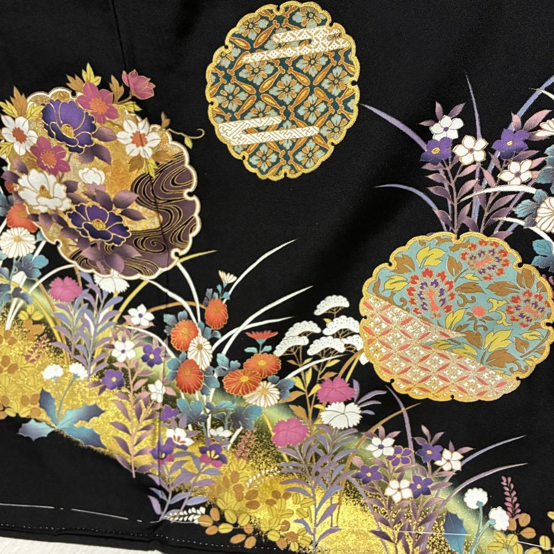 D4 黒留袖 ますいわや 雪輪 花刺繍 金彩 正絹着物 袷 しつけ糸未使用極美品