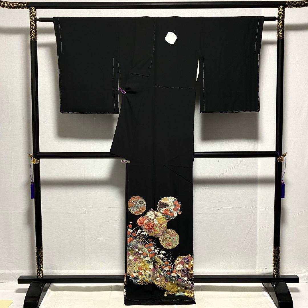 D4 黒留袖 ますいわや 雪輪 花刺繍 金彩 正絹着物 袷 しつけ糸未使用極美品