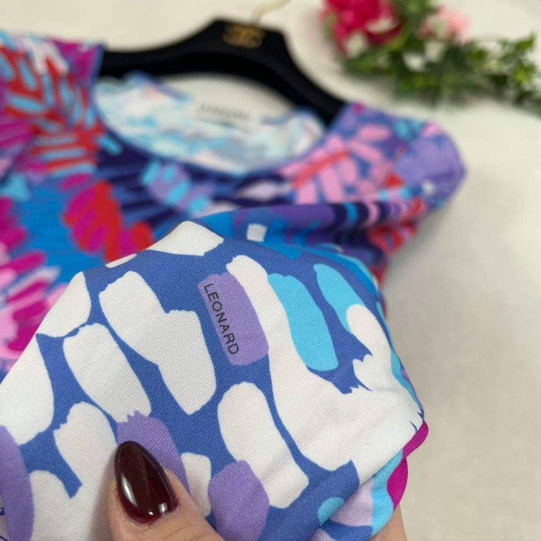 K552 新品未使用 L レオナール 総柄 ひざ丈ワンピース ブルー レディース