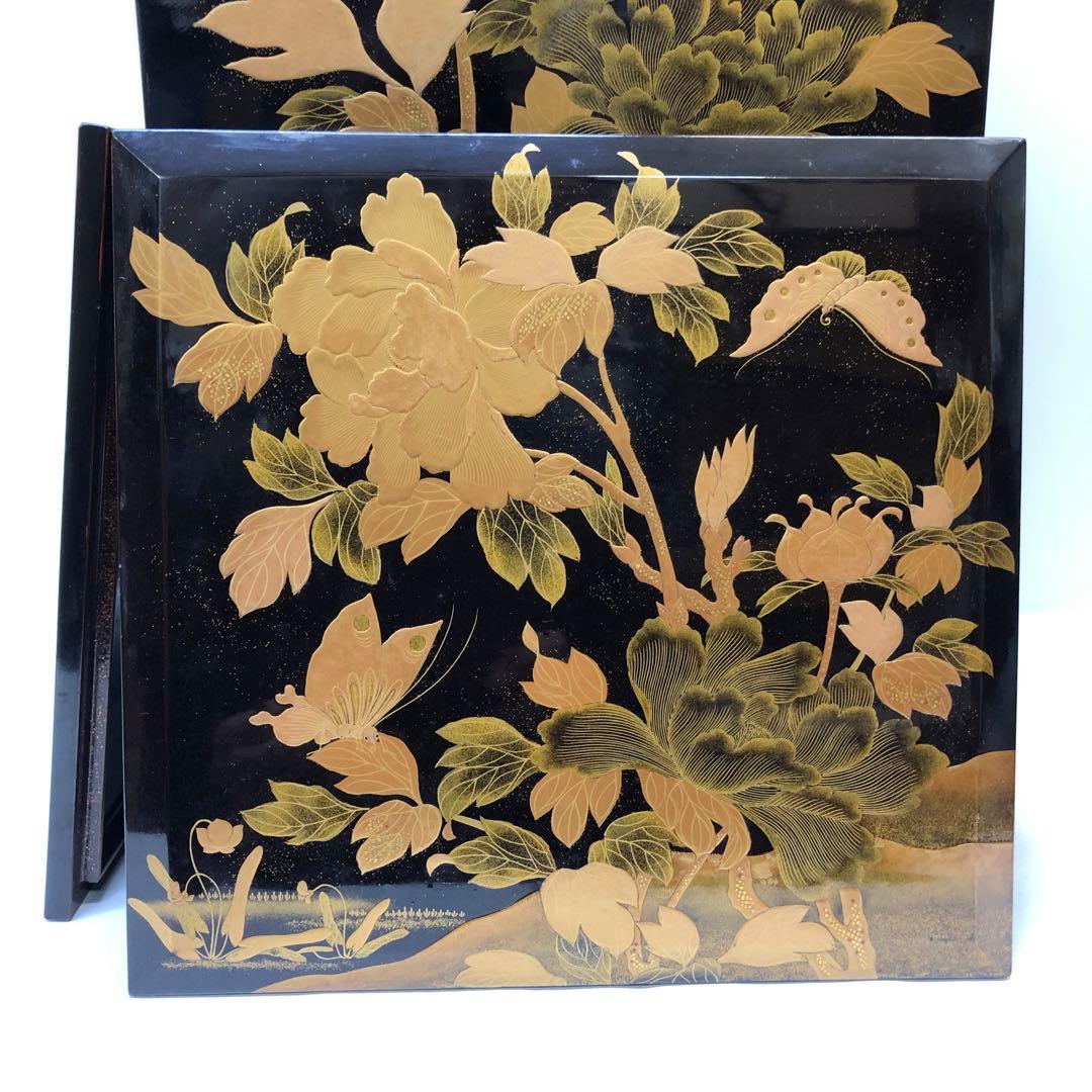 金蒔絵お重　漆器　木製　花鳥図柄　唐獅子図柄　五段重別蓋付き　共箱無
