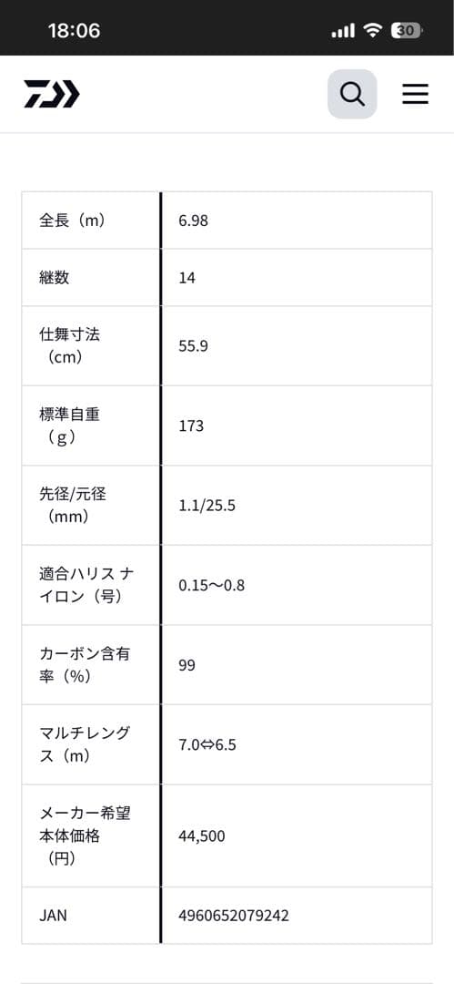 ダイワ　翡翠 抜硬調　70Ｍ