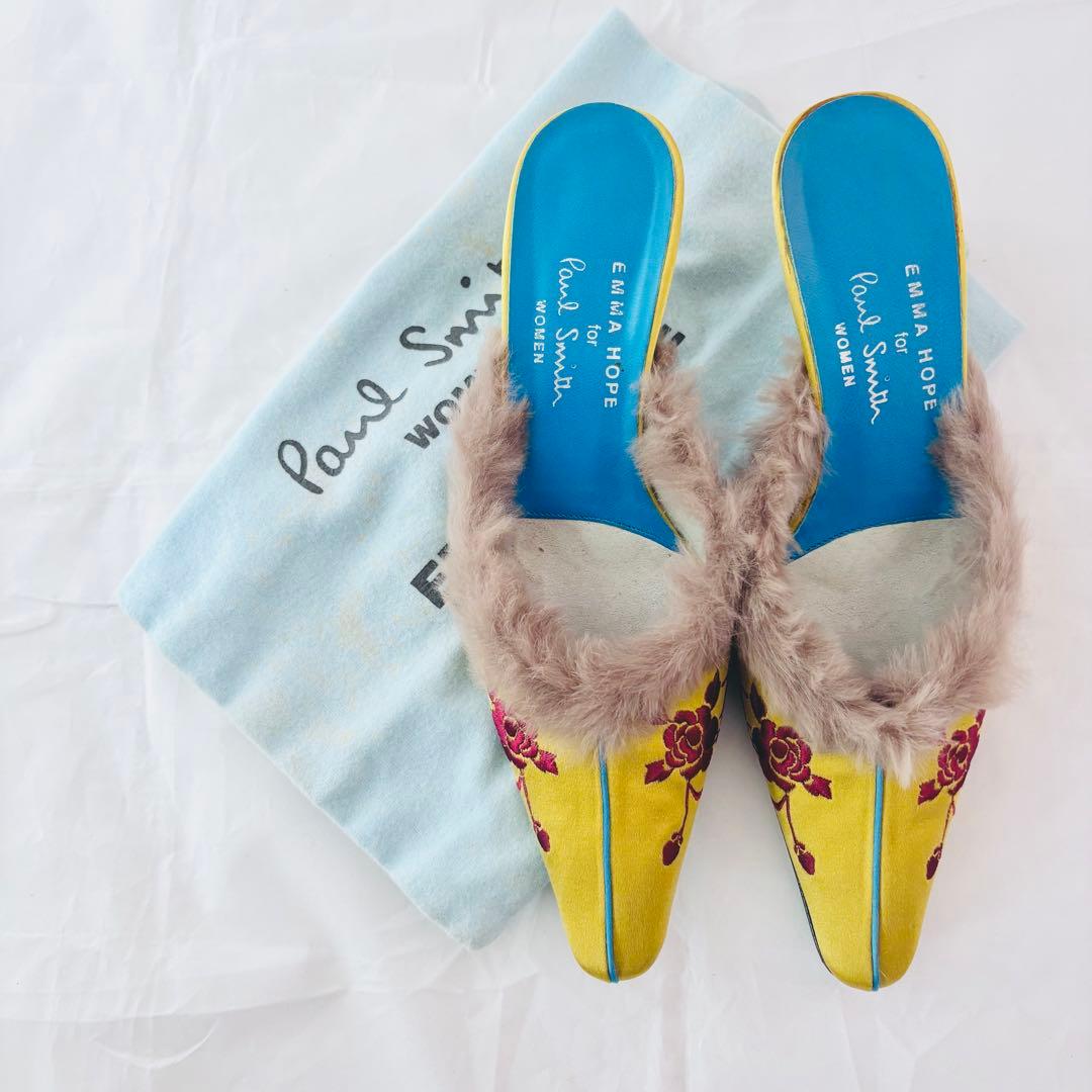 ポールスミス×エマホープ コラボ ミュール 37 刺繍 ファー サテン イエロー