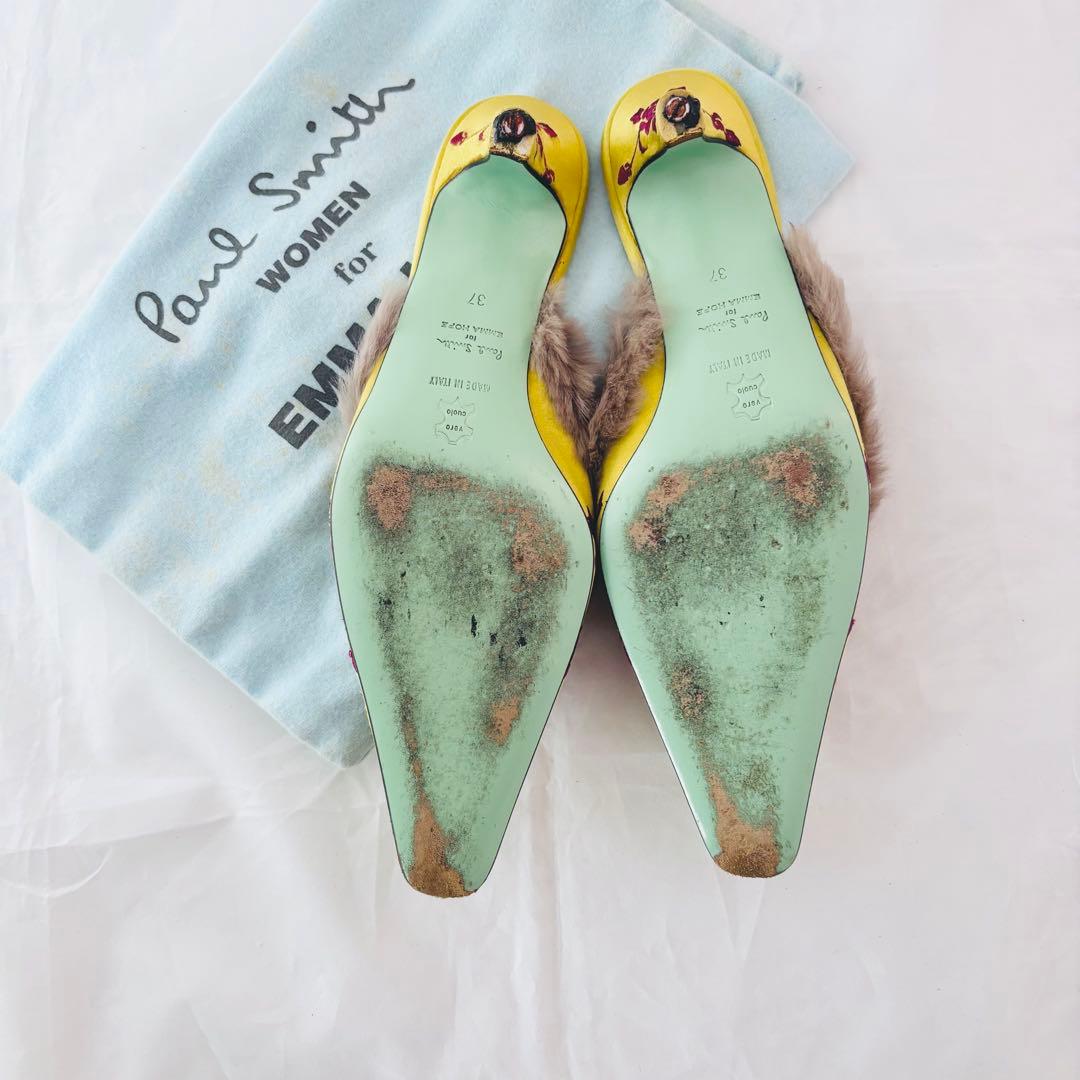 ポールスミス×エマホープ コラボ ミュール 37 刺繍 ファー サテン イエロー