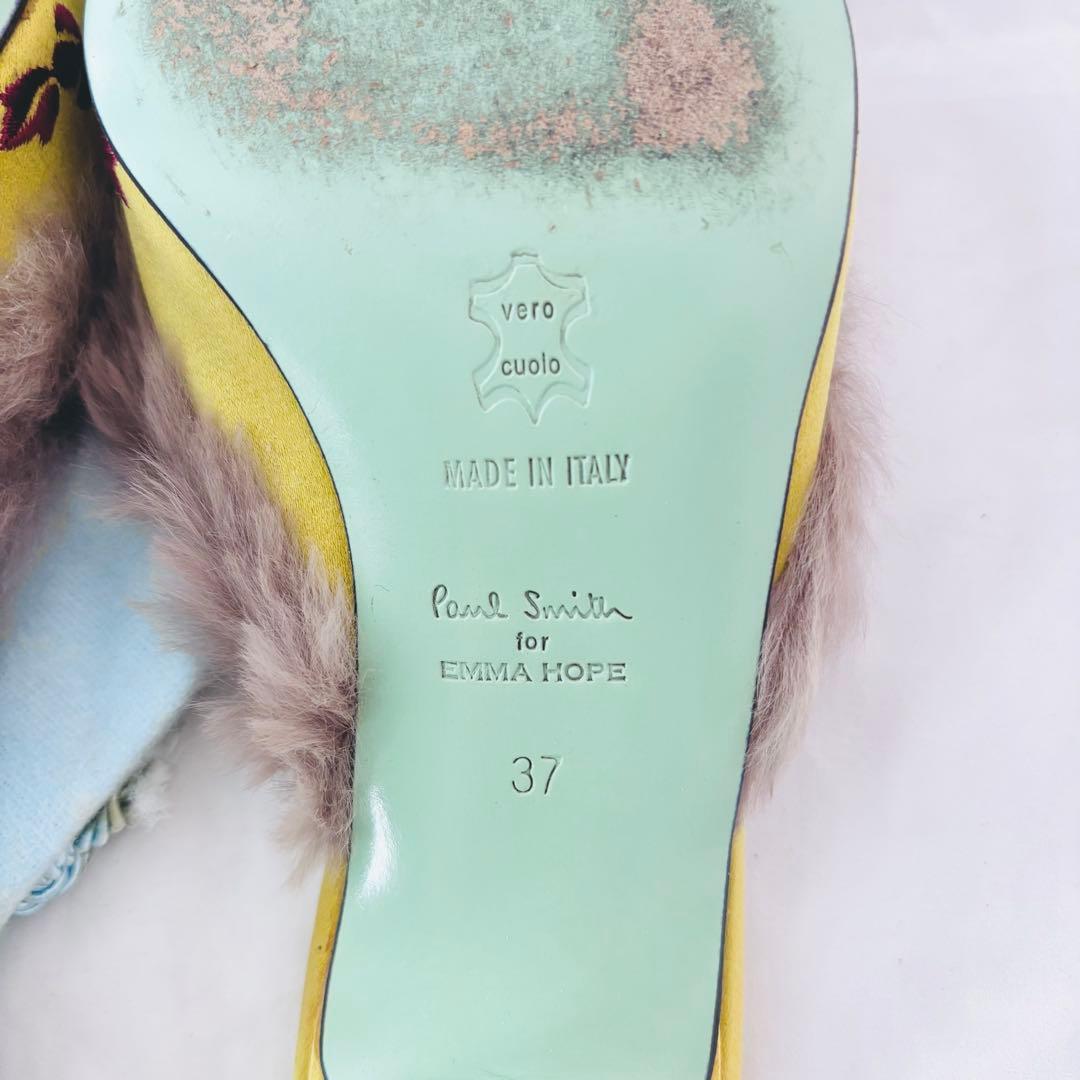 ポールスミス×エマホープ コラボ ミュール 37 刺繍 ファー サテン イエロー