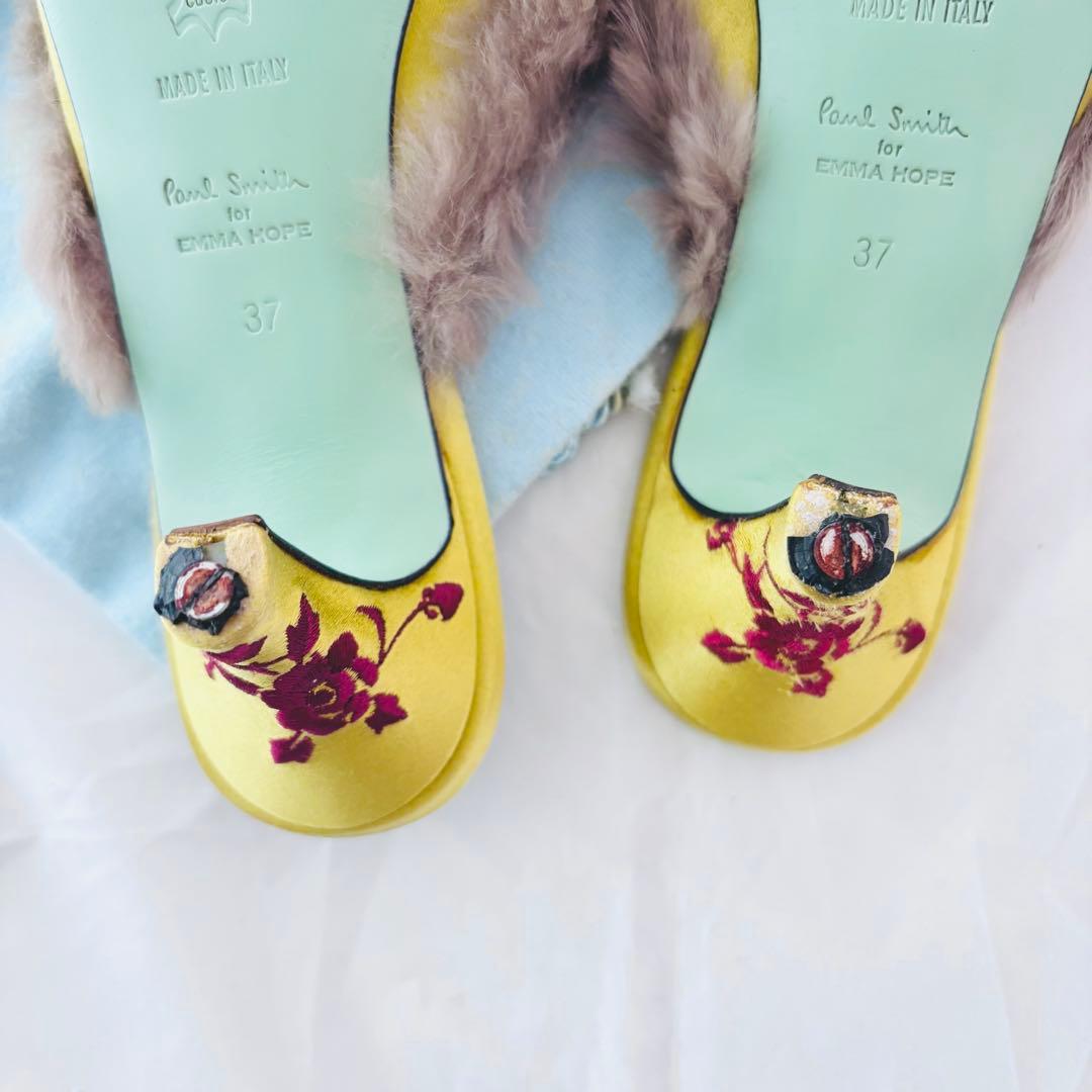 ポールスミス×エマホープ コラボ ミュール 37 刺繍 ファー サテン イエロー