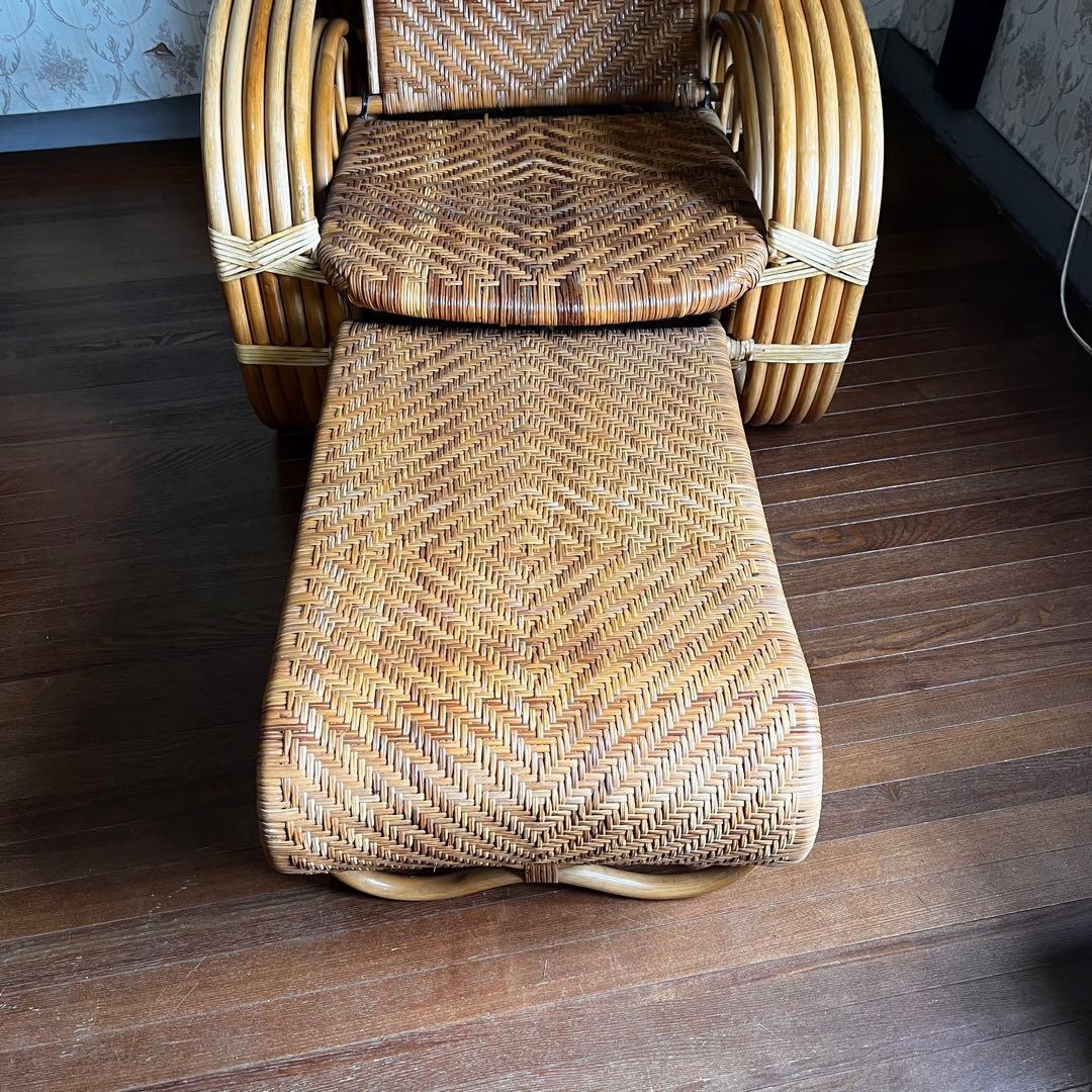 【アンティーク】籐 ラタン リクライニングチェア オットマン付き 古家具 古民家