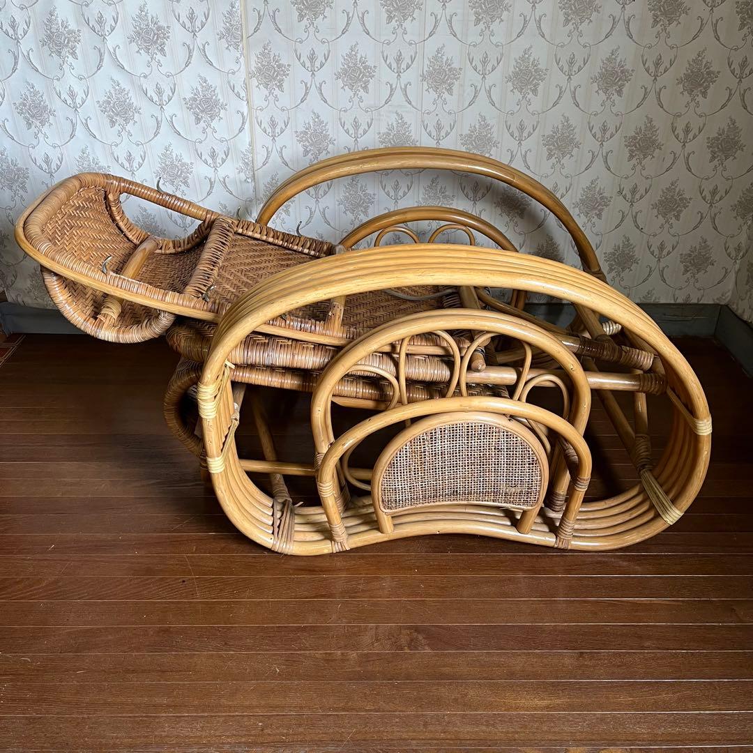 【アンティーク】籐 ラタン リクライニングチェア オットマン付き 古家具 古民家