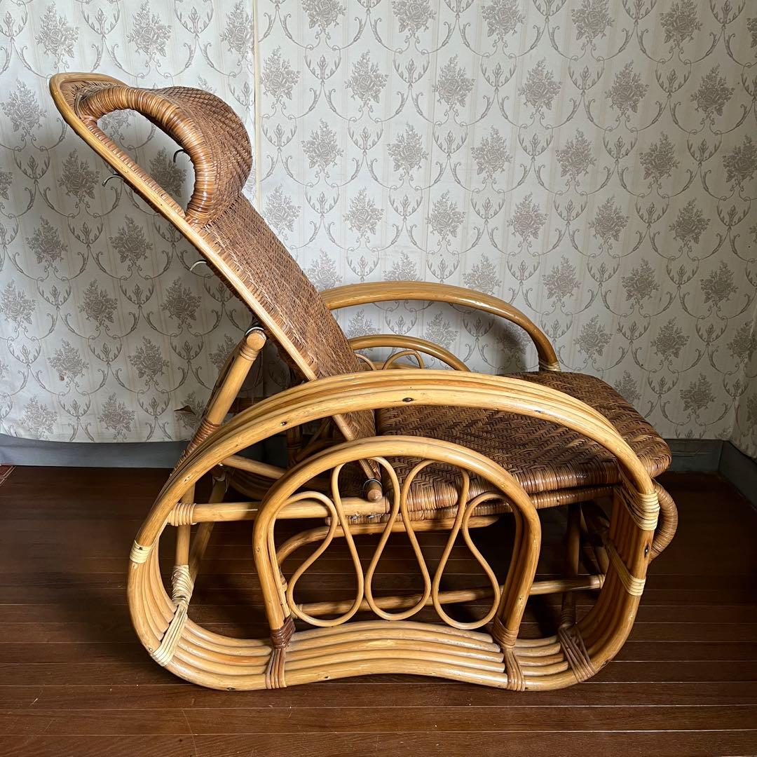 【アンティーク】籐 ラタン リクライニングチェア オットマン付き 古家具 古民家