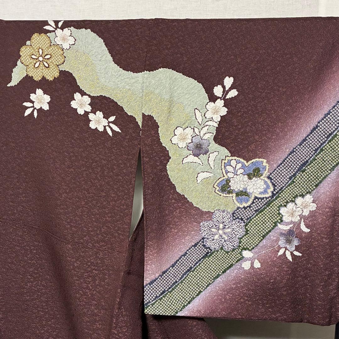 D133 訪問着 桜 鹿の子柄 紫 正絹 着物 袷 極美品