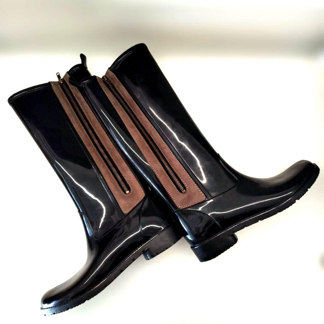 ◆げんこつ◆　イタリア製　ブラックロングレインブーツ　モカライン