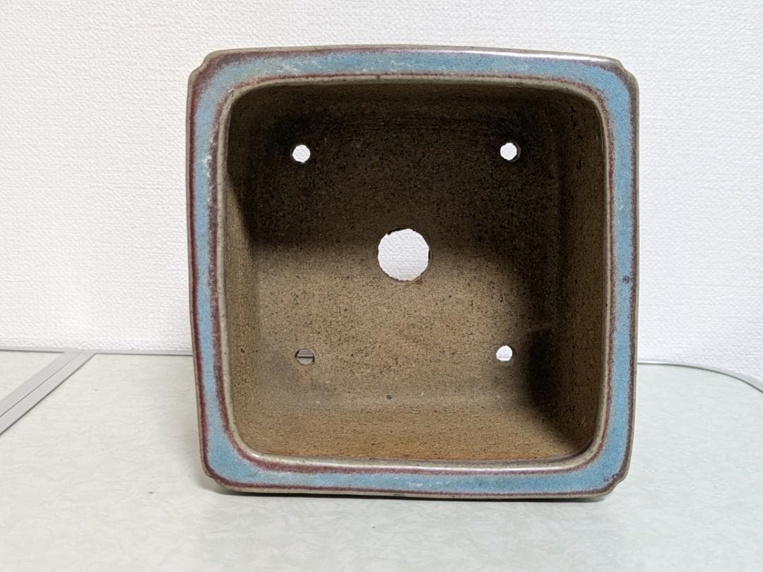 均窯釉額入正方盆栽鉢　落款「柴勝」　幅12.5㎝×奥12.5㎝×高8.5㎝