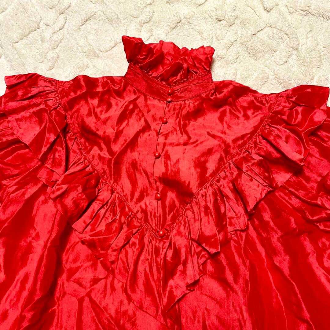 美品 クリスチャンディオール シルク100% パーティーブラウス フリル レッド