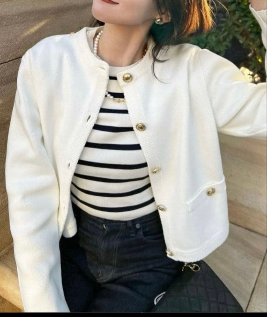 【anuans】オリジナルボタンノーカラーニットジャケット