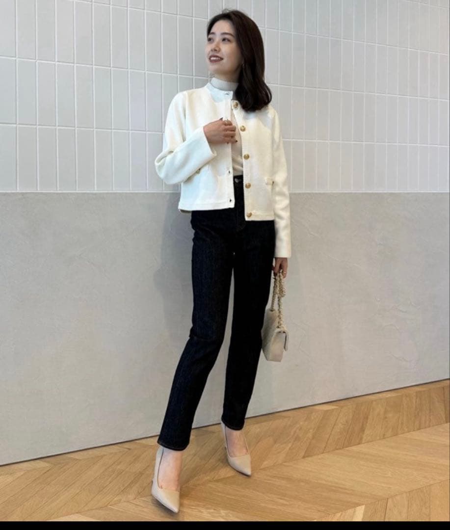 【anuans】オリジナルボタンノーカラーニットジャケット