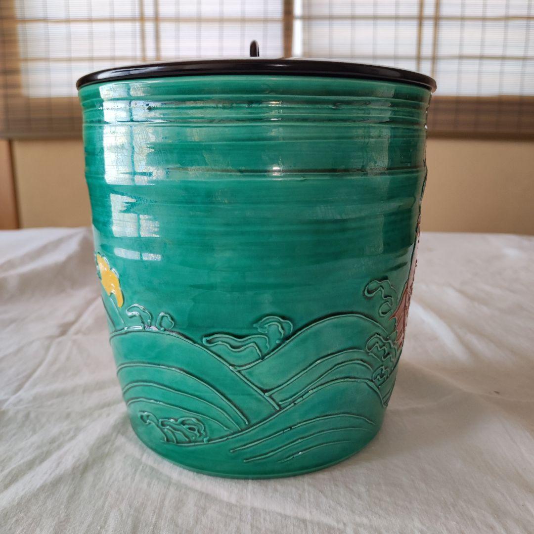 茶道具◆青交趾荒磯文水指◆粟田焼　岡田佳山