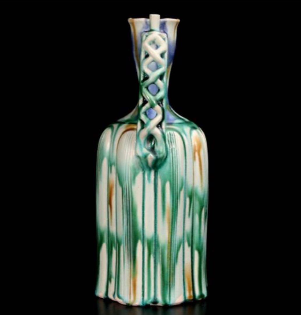 人間国宝 加藤卓男 正倉院復元 三彩 櫛目手付花入 本物保証(チョコ)