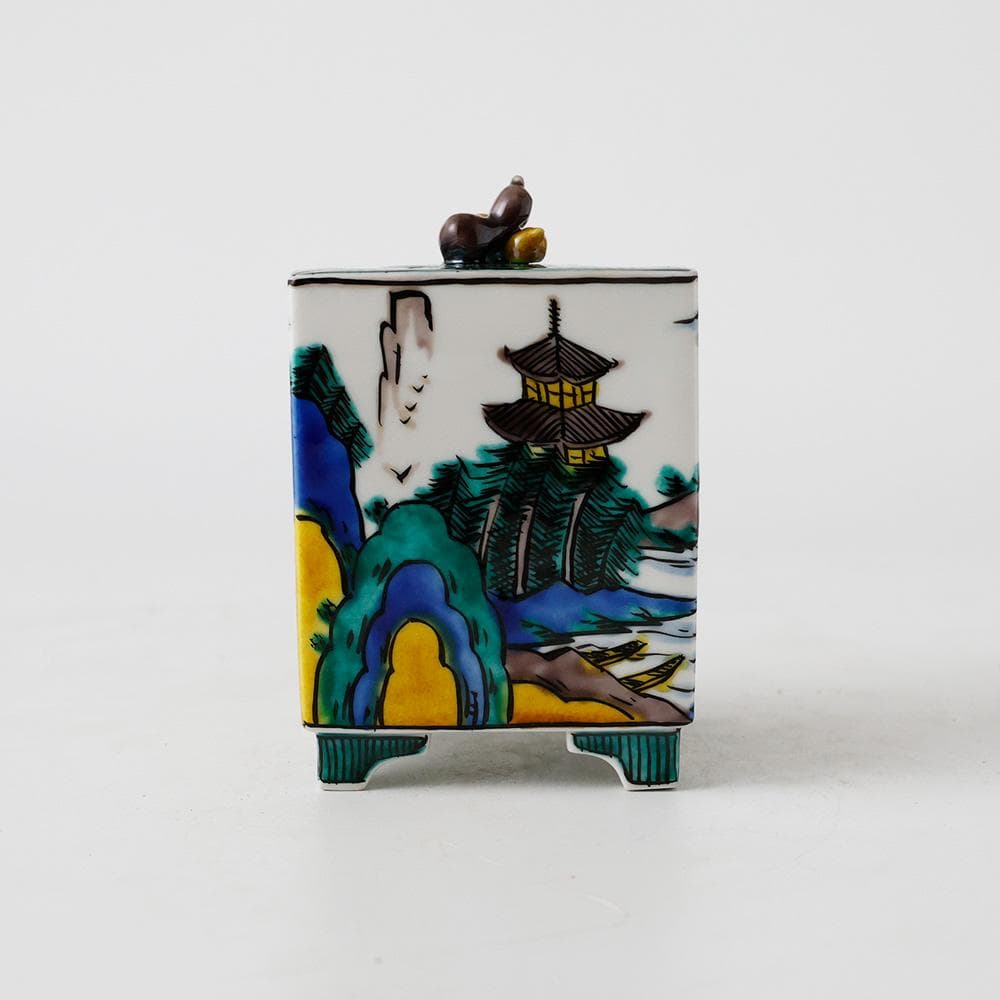 T　九谷焼　清香造　三保松原図　瓢箪　香具　茶道具　茶器　陶器　色絵　共箱