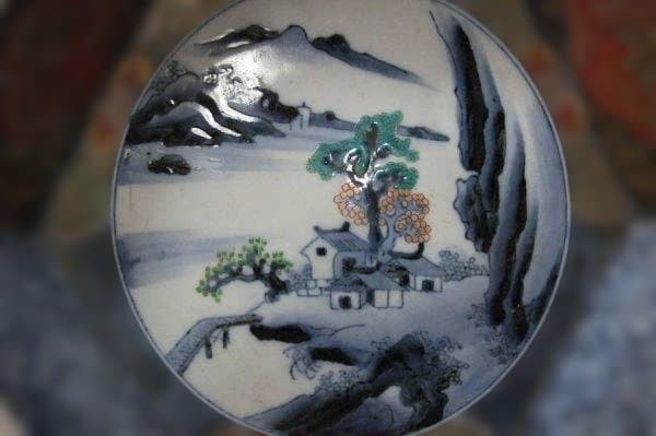 伊万里 色絵 山水 蛸唐草 六角 二重高台 金継 骨董 時代物