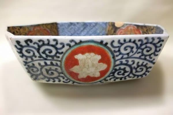 伊万里 色絵 山水 蛸唐草 六角 二重高台 金継 骨董 時代物