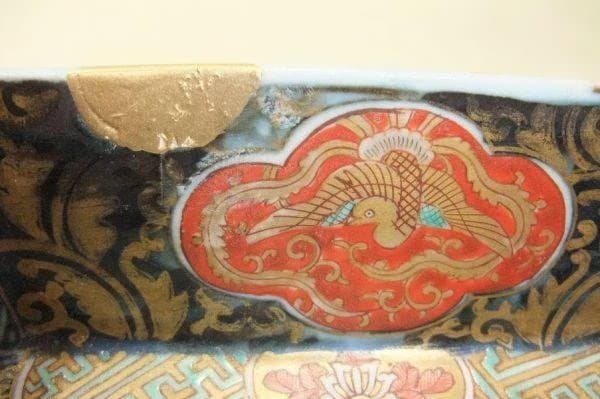 伊万里 色絵 山水 蛸唐草 六角 二重高台 金継 骨董 時代物