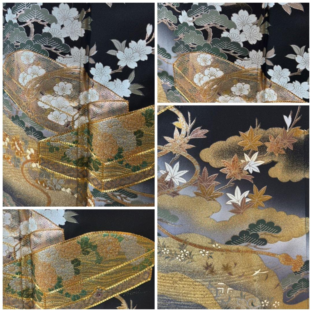 正絹豪華作家物黒留袖6点フルセット 留袖　袋帯　帯締め帯揚げ　長襦袢　末広