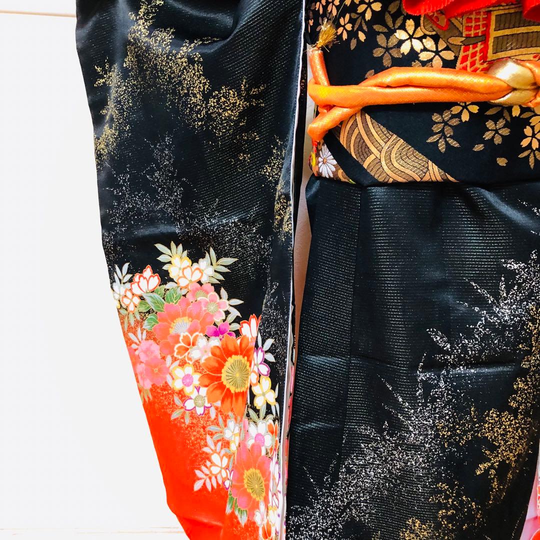 七五三七歳❣️豪華黒地ラメ花々金彩⭐︎正絹全通袋帯刺繍煌びやか⭐︎完全フルセット