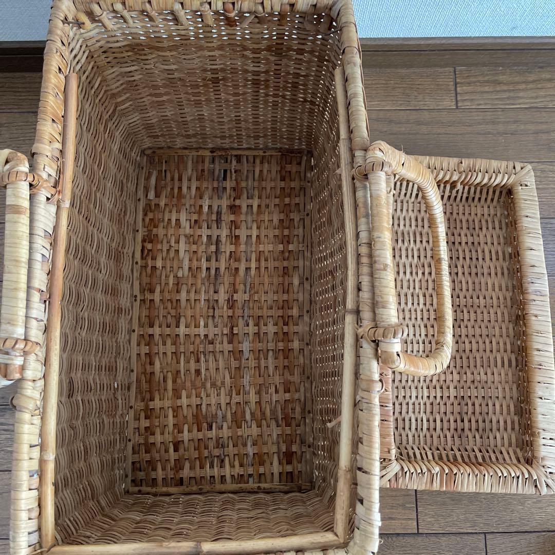 【希少】昭和レトロ ナチュラル色 蓋付き 大型 バスケット 竹製台付き