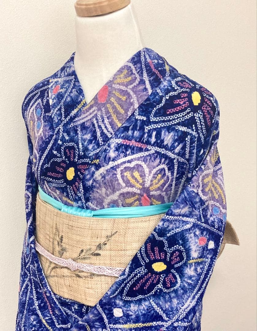 浴衣　有松鳴海絞り　蝶と幾何学　裄66.5cm