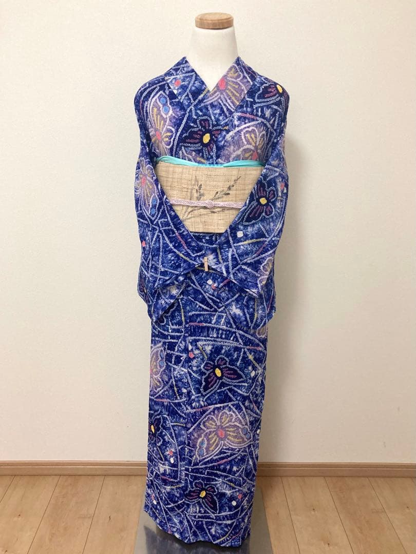 浴衣　有松鳴海絞り　蝶と幾何学　裄66.5cm
