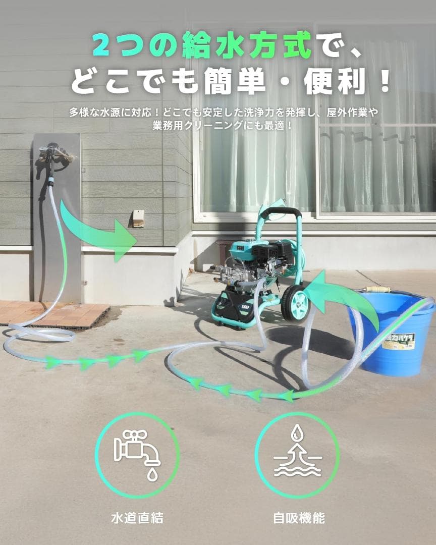 高圧洗浄機ガソリンエンジン式 17MPa 9.5L/min 強力自吸 蛇口接続