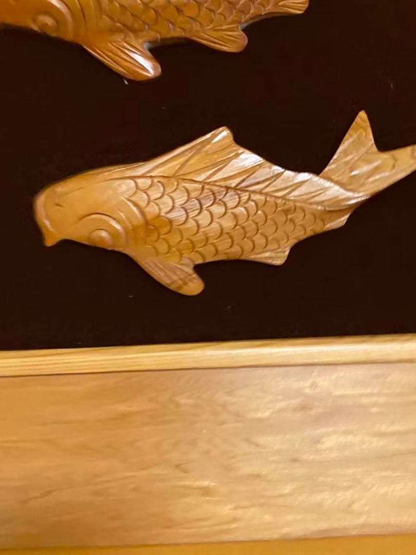 木彫り 額装屋久杉木魚双鯉 彫刻 年代品
